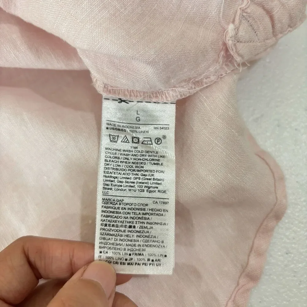 Gap 100% Linen Henley Top Women L Pastel Pink Popover Coastal Beach Resort